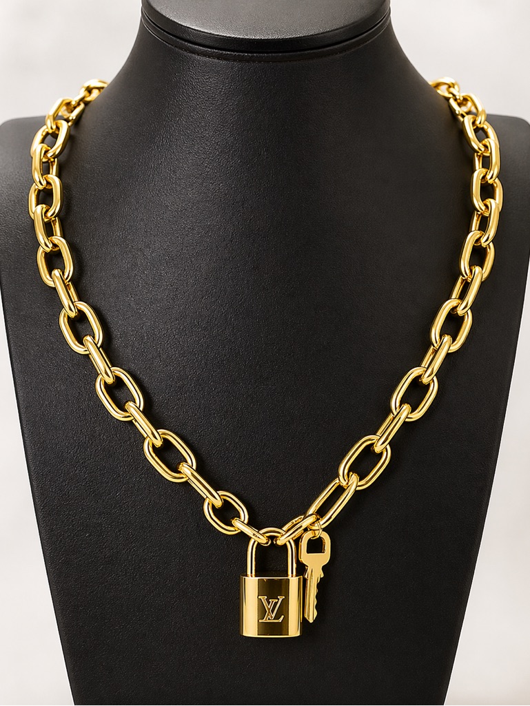 Luxurious Authentic Louis Vuitton Gold Padlock Key Necklace Complimentary